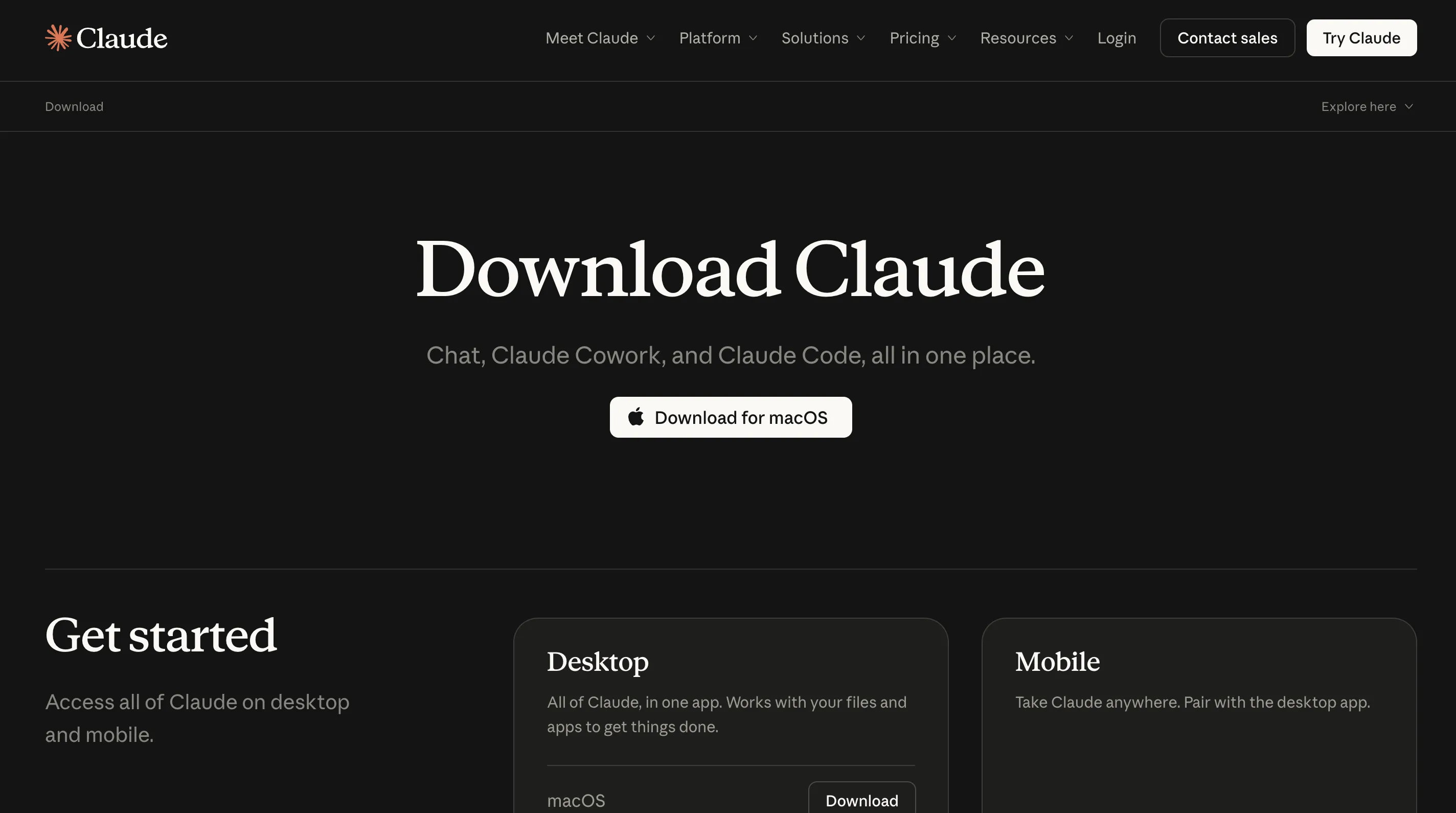 claude.ai/download のダウンロードページ。OS が自動判定され「Download for macOS」ボタンが表示される