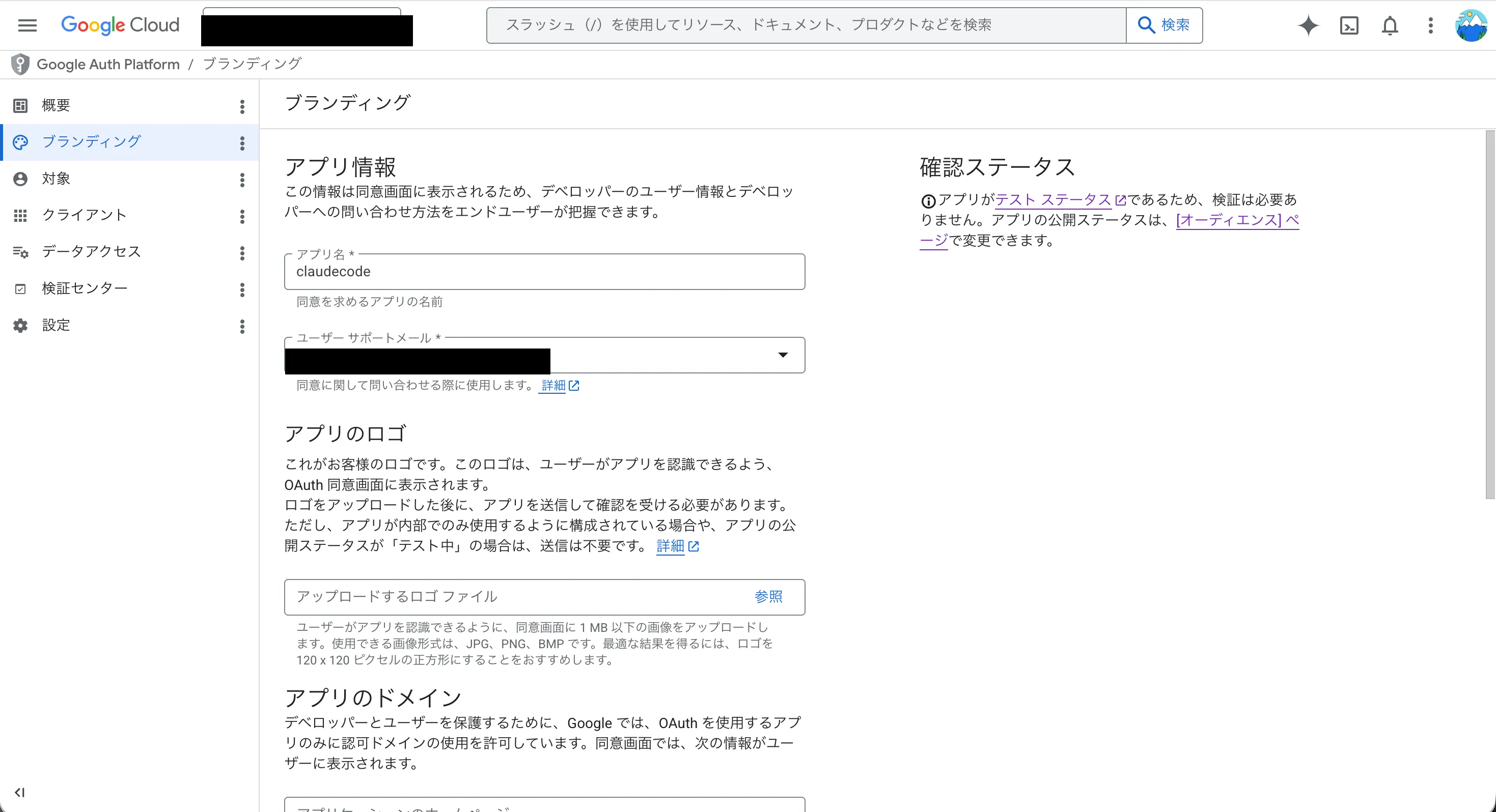 Google Auth Platform のブランディング設定画面。Audience に External を選択している様子
