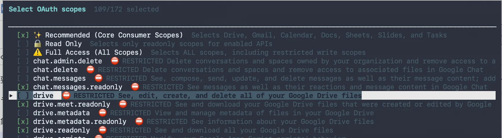 gws auth login の scope 選択画面。Recommended (Core Consumer Scopes) にチェックが入っている
