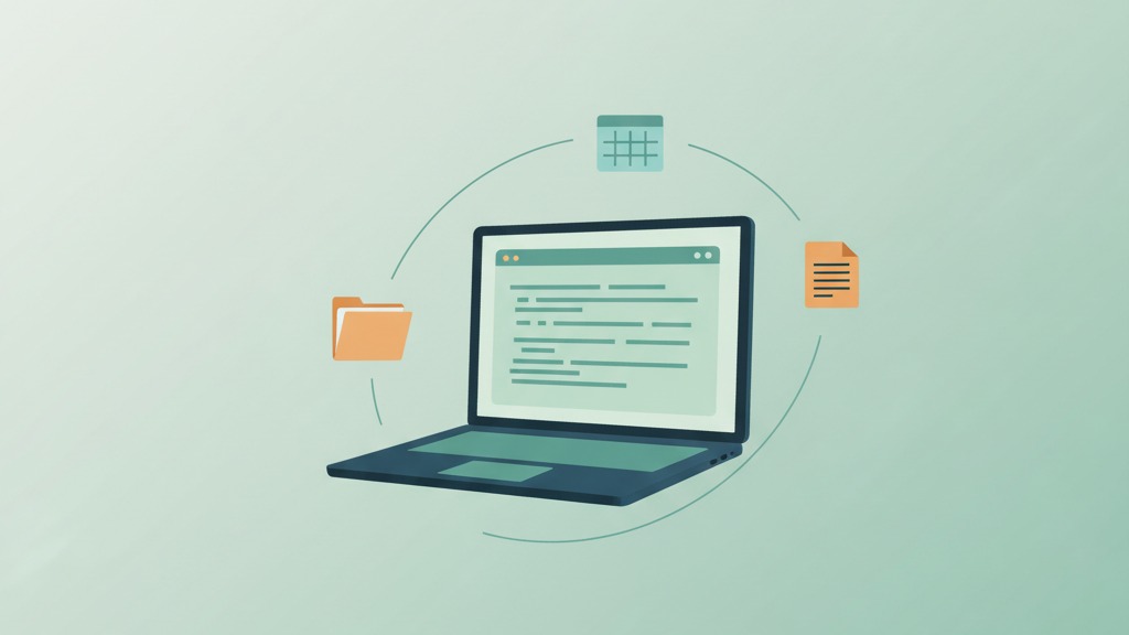 ターミナル画面と Google Drive・Sheets・Docs のアイコンが繋がっている抽象イラスト